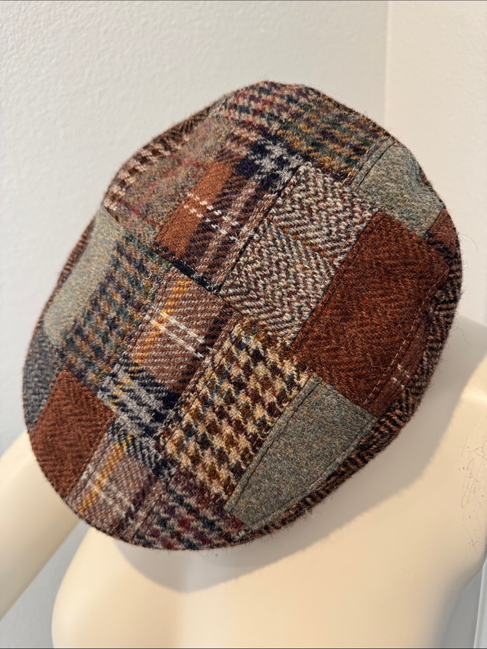 Vintage Patchwork Wool Flat Cap in Brown and Tan